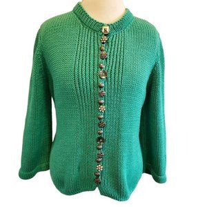 Pure Handknit Green Cardigan‎ Cotton Ornate Buttons Chunky Size M/L